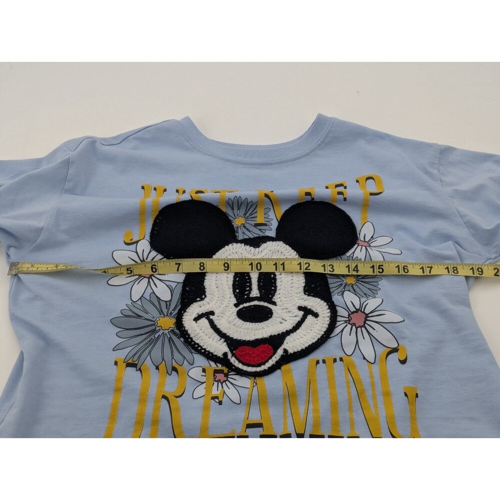 Disney Crochet Mickey Mouse "Keep On Dreaming" Blue Cropped T-Shirt Size S/M - Picture 3 of 6
